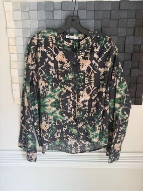 Maria Cher Abstract Print Long-Sleeve Blouse in Black, Green & Beige